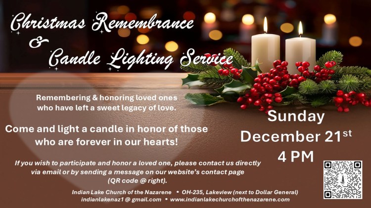 Indian Lake Church of the Nazarene Christmas Remembrance & Candle Lighting Service Dec 21, 4pm
