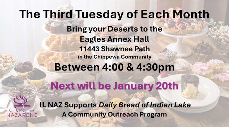 Indian Lake Ohio church of the Nazarene supports Daily Bread of Indian Lake. Next date is January 20, 2026